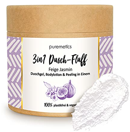 puremetics 3in1 Dusch-Fluff Feige Jasmin mit Meersalzpeeling, 250 g Duschgel, Peeling und Lotion in Einem, vegan & plastikfrei
