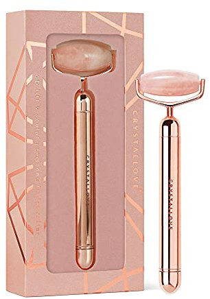 CRYSTALLOVE Rouleau pulsant pour le visage en quartz rose - Appareil de massage facial - Rouleau de massage anti-âge - Masseur pour lifting du visage - Appareil de massage - Vibration