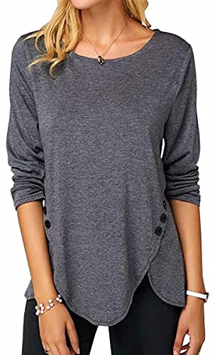 ASKSA Femme T-Shirt à Manches Longues Chemise à Col Rond Tops Lâche Long Tshirts Blouse Tunique avec Boutons (Gris Foncé,L)
