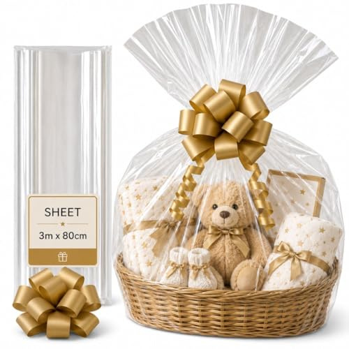 Cellophane Wrap for Hampers with Gold Pull Bow – 3m x 80cm Clear Cellophane Wrap Sheet, Gift Basket Wrap & Clear Wrapping Paper for Hamper Gifts