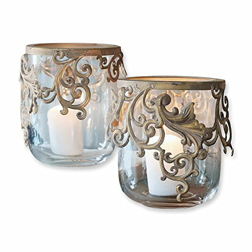 Loberon Windlicht 2er Set Sundini, Edler Vintage-Charakter, Florale Verzierungen, Mediterrane Note, Wohn-Accessoire, Glas, Stahl, antikgold/klar