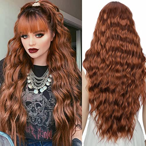 YEESHEDO Damen Perücke Lang Lockige braun Perücken für Frauen mit Pony, Natürlich Synthetisches Haar Wig, Anime Cosplay Halloween Wigs 28 Zoll (Honigbraun)