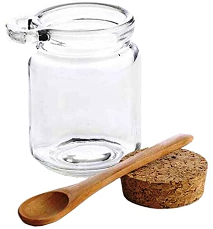 ericotry 1 bocal de rangement vide en verre avec bouchon en liège et cuillère en bois pour assaisonnement, confiture, miel, sel de bain (transparent, 250 ml)