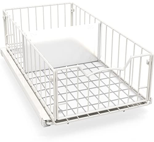 Simple Houseware Pull-Out Cabinet Sliding Basket Organizer, 17.2 D x 9.7 W x 5 H – White, Ideal for Kitchen and Bathroom Cabinet Storage, Under Sink or Pantry Organization