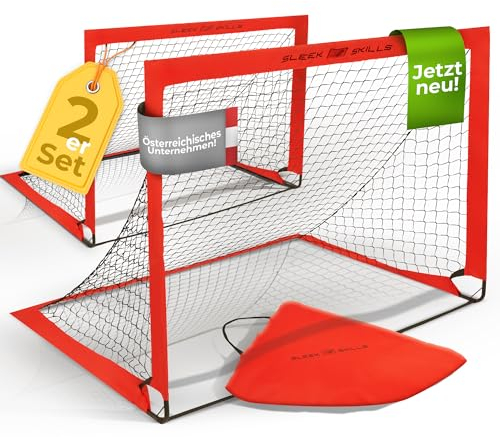 SleekSkills Kinder Fußballtor [2er Set] für Zuhause, Garten und Outdoor - Faltbar mit Verstärkten Glasfaserstangen und inkl. Tragetasche (Schwarz)