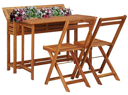 RAUGAJ Outdoor-Möbel-Set, Pflanztisch mit 2 Bistrostühlen, massives Akazienholz