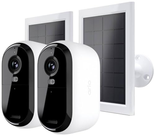 Arlo Essential 2K Video Security Camera Outdoor & 2x Solar, 6-Month Battery, Colour Night Vision, Light, Siren, 2 Way Audio & WiFi, Arlo Secure Free Trial, 2 Cameras, White