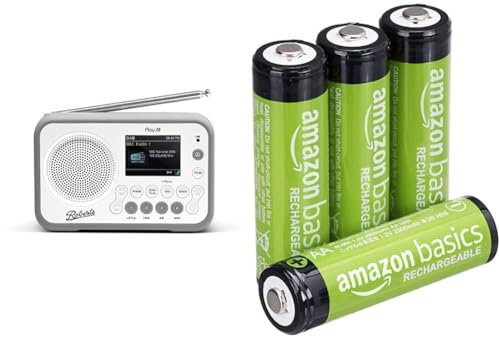 Roberts PLAY20 Compact and Portable DAB/DAB+/FM Digital Radio, Rubber-Protected & Amazon Basics AA Rechargeable Batteries, Pre-charged, NiMh - Pack of 4 (Appearance may vary)