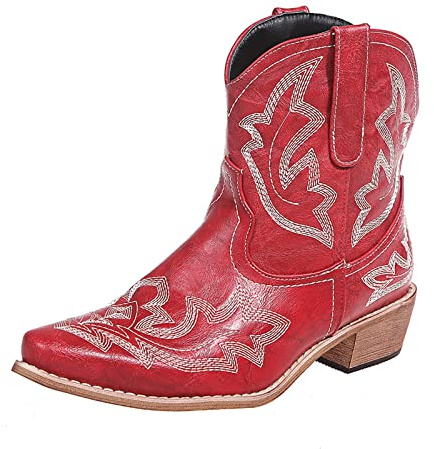 OTMYIGO Rosso,39, Stivaletti da Donna Stivali da Cowboy Ricamati Stivali da Passeggio Stivali Western a metà Polpaccio Punta a Punta Stivaletti Corti in Stile retrò
