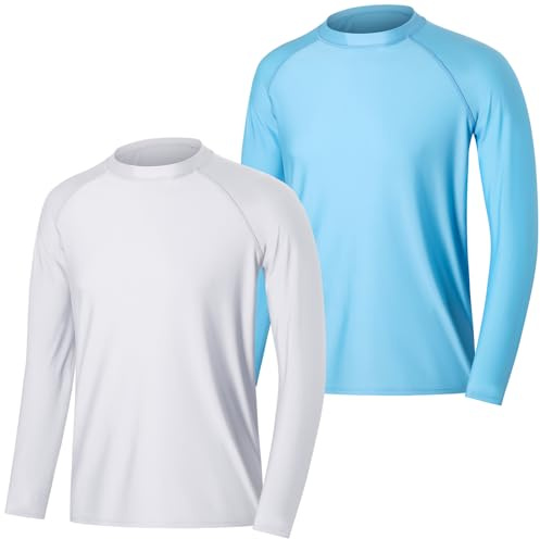 MASOCIO Mens Swim Shirts Swimming Top Rash Vest Guard Long Sleeve UV Sun Protection UPF50 Tshirt 2 Pack T-Shirt Watersport Surfing Size XL White Blue