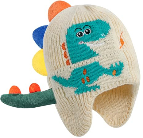 KAKU NANU Vintermössa baby dino mössa barn beanie 0–3 år småbarn stickad mössa, Beige, 0-3 År