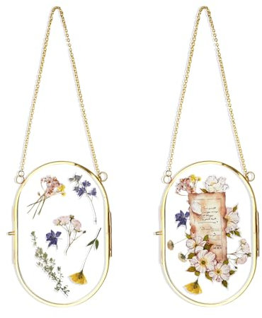 MOAMUN 2 Glas Bilderrahmen Gold für Gepresste Blumen, 15x10cm Hängende Metall Glasbilderrahmen Glasrahmen, Oval Goldene Bilderrahmen doppelglas Wall Decor für Display Kunstwerk DIY Foto Specime