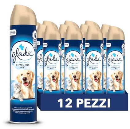 Glade Deodorante per Ambienti Spray, Fragranza Refreshing Air, Combatte gli odori degli animali domestici, 12 Spray da 300ml