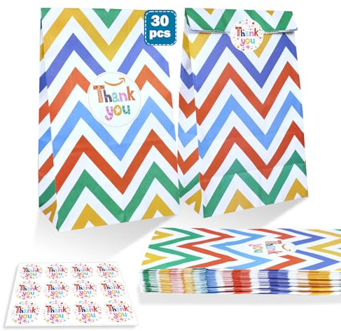 20/30 Pcs Kraft Paper Party Bags, ZZmorni Rainbow Dots and Stripe Party Favor Bags Birthday Bags Gift Treat Bags With “Thank You” Printed for Party Wedding Valentines' Day (Strip-30)