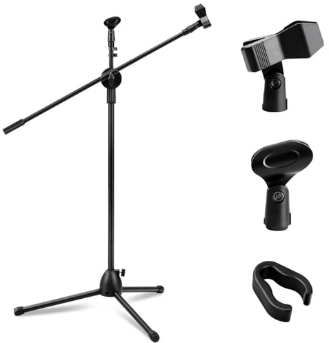 CROWNSHOP Microphone Stand 73-175cm with Telescopic Boom Adjustable and Portable Collapsible Studio Holder with Tripod Base Mic Clip Adapter for Musicians Parties and Stages (73-175cm)