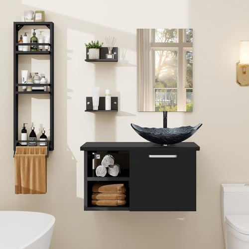 YU YUSING Mueble Baño con Lavabo, Espejo y Estanteria Ducha Tres Nivele, Mueble Lavabo con 2 Estantes Pared, Juego Grifería, Conjunto Muebles Baño, Movel Casa de Banho com Pia, Moderno Gris Plata