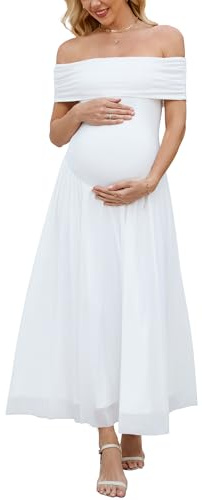 OUGES Women's 2026 Summer Spring Off The Shoulder Mesh Maxi Maternity Baby Shower Dresses for Photoshoot Party Wedding Guest Sleeveless Pleated Formal Long Flowy Pregnancy Must Have Clothes(White,S)