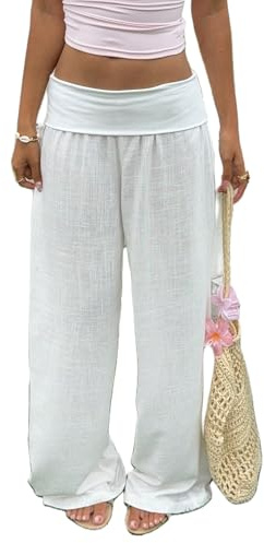 Women Palazzo Foldover Pants Summer Wide Leg Baggy High Waist Lounge Pant
