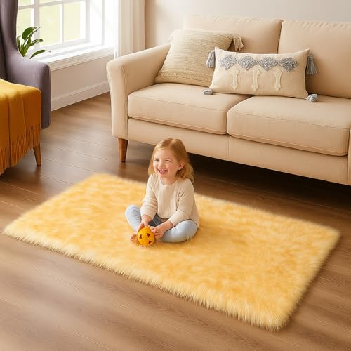 Mishukaze Plush Faux Sheepskin Rug-Ultra Soft Fluffy Bedside Carpet,Machine Washable Anti Slip Floor Mat,Silky Shag Area Rug for Bedroom,Living Room & Kids Room Decor（Yellow Tip 60x110）
