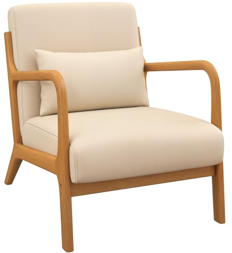 HOMCOM Poltrona da Salotto in Legno di Caucciù con Cuscino Lombare Sfoderabile e Schienale, Poltroncina Camera da Letto Sedia Moderna Imbottita con Braccioli, Portata 120 kg, 61x78x76 cm, Beige