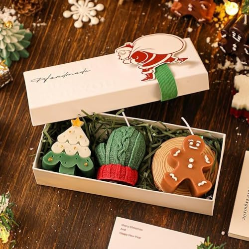 Set di 3 candele profumate natalizie fatte a mano a forma di albero di Natale, guanto e omino di pan di zenzero, confezione regalo per decorazioni natalizie per la casa