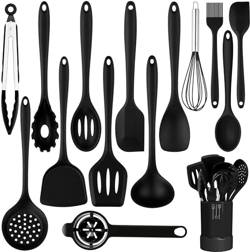 Set de Utensilios de Cocina de Silicona – 15 Piezas con Soporte – Espátulas, Cucharones y Pinzas – Resistentes al Calor hasta 230 °C – Aptos para Ollas Antiadherentes