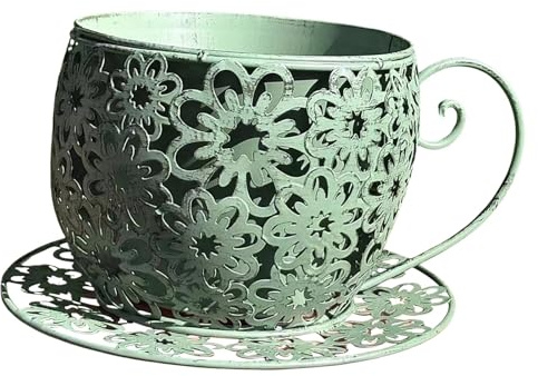 Yunhgft Vaso da fiori in metallo a forma di tazza da caffè, ideale per un caffè o il giardino, verde