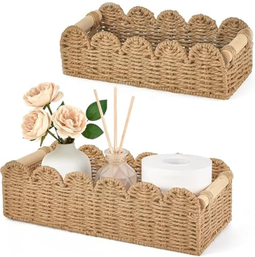 DAHI 2 Pièces Panier Rangement Osier Corbeille Rectangulaire - avec Anse - Boite Rotin Tressé - Papier Toilette - Panier Osier pour Salle de Bain, Cuisine, Décor Maison