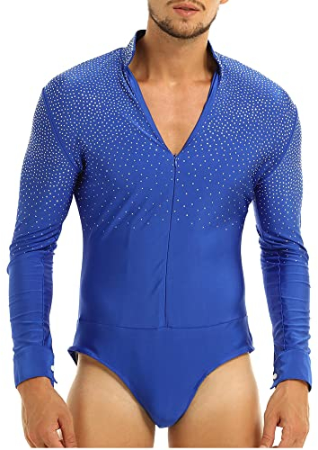 iEFiEL Glitzer Herren Latein Hemd V-Ausschnitt Tango Rumba Hemd Body Einteiler mit Knöpfen im Schritt Turnier Shirt Trikot Tanz Kostüm Blau M