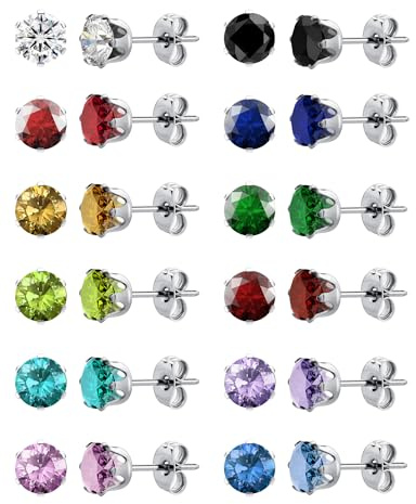 12 Pairs Hypoallergenic Surgical Steel Studs – 12-Color Cubic Zirconia Earrings for Women & Men