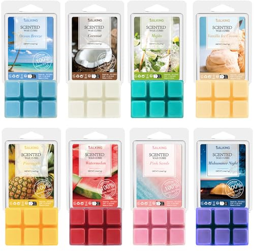SALKING Fondants de cire parfumée d'Été pour lampes parfumées, 100% bougies de cire de soja parfumées, senteurs d'noix de coco, mojito, glace à la vanille, coffret cadeau pour Vacances d'Été, 8 packs