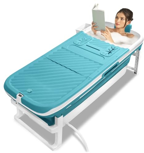 UISEBRT Faltbare Badewanne für Erwachsene 149 x 64 x 54 cm, Neueste Tragbare Klappbadewanne mit Abdeckung, Kopfstütze, Thermometer, Dampfanschluss und Massagerollen für Badezimmer SPA