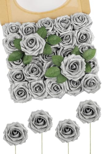 N&T NIETING Artificial Flowers Glitter Rose, 25pcs Fake Roses with Stems | Real Touch Faux foam Roses for Wedding Bouquets Party Office Baby Shower Home Christmas Decoration(Silver)