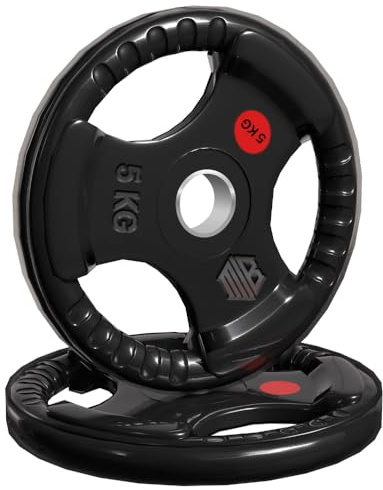 ManiBoom Discos Pesas Hierro ENGOMADO 30mm y 50mm Olimpica con Anillo Interior de Acero y Triple Agarre ERGONOMICO - Disco para Barra o Mancuernas 2,5kg, 5kg, 10kg, 15kg, 20kg (Ø30MM - 2 x 5KG)