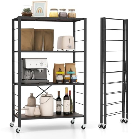 FANTASK Carrito de Servicio Plegable, 4 Niveles, con Ruedas Desmontables y estantes de Altura Ajustable, Carrito con Ruedas con Estructura de Metal y protección antivuelco, estantería de Cocina para