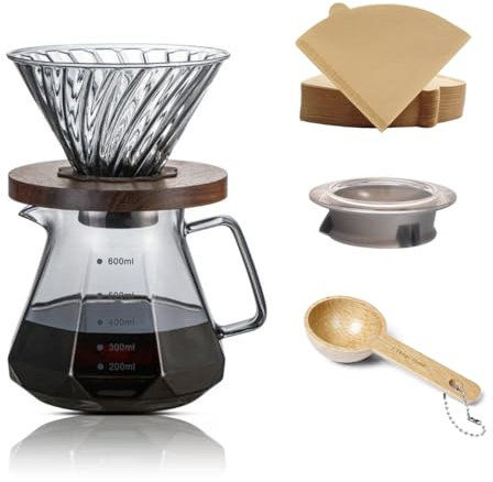 CHDEXU Juego de cafetera de 20 onzas, 600 ml, servidor de café de vidrio de borosilicato con tapa de vidrio, 50 filtros de papel, mango de nogal, gotero de café para café en casa, restaurante, gris
