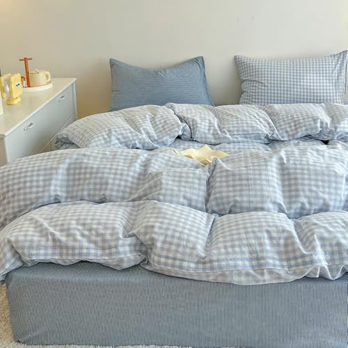Covebett Juego de ropa de cama a cuadros de 155 x 220 cm, microfibra lavada, 2 piezas, diseño moderno de cuadros blanco y azul, funda nórdica con cremallera y funda de almohada de 80 x 80 cm