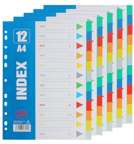 Fililogor A4 File Dividers 1-12 Part, 5 Pack A4 Folder Dividers, Multi-Colour Index Dividers for Lever Arch Files, Plastic Binder Dividers with 11-Holes (5 Pack)