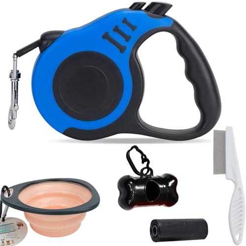 Denipry Retractable Dog Lead, 16FT Automatic Telescopic Tractor Nylon Tape, No Tangle Leash for Medium, Small Dogs and Cats Up to 26 lbs, One-Handed Brake, Pause and Lock Dog Walking Lead (Blue)
