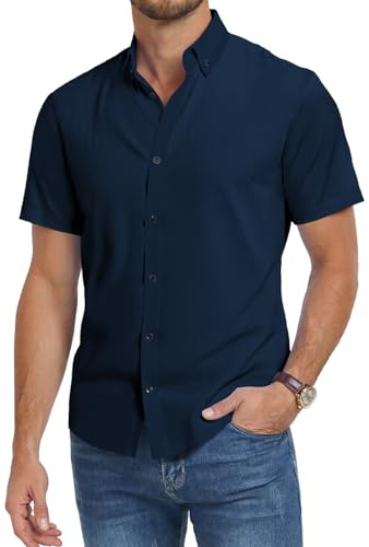 Misfuso Chemise Homme Manches Courtes en Couleur Uni Chemise d'Été sans Repassage Chemise Homme Décontracté Bleu Foncé M