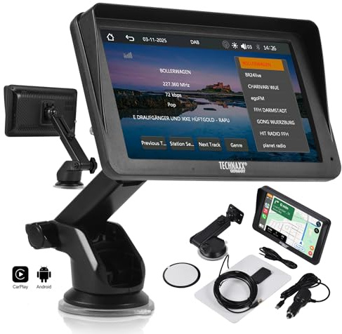 Technaxx Monitor CarPlay & Android Auto Wireless con Radio DAB – Display Touchscreen da 7 Pollici per Auto, Bluetooth 5.0, Trasmissione Audio FM & AUX, Radio Digitale, Supporto Parabrezza – TX-361
