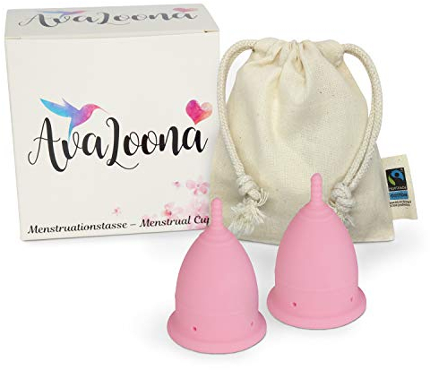 2 AvaLoona Menstruationstassen Made In Germany mit fairtrade Bio Baumwollsäckchen - hygienisch, nachhaltig, antiallergen und vegan - Doppelpack (klein, Rosa)