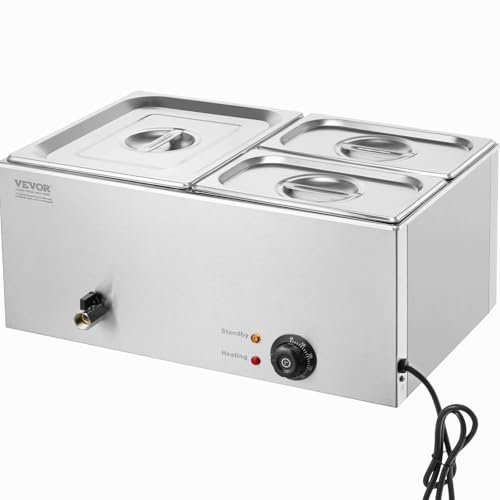 VEVOR Chauffe-Plat Buffet à 3 Bacs, Bain-Marie Électrique 16 L 1200 W, Buffet Chauffant en Acier Inoxydable, Température Réglable 30-85 °C, pour Réchauffer Les Aliments Restauration Soirée Fête