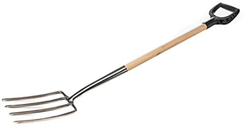 KOTARBAU® Horca de Acero Inoxidable con 4 Dientes, Horca de jardín, Horca con Mango de Madera, Horca para airear Suelos Duros y pedregosos, Horca para Trabajar el Terreno, Horquilla para jardinería