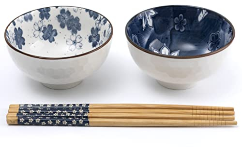 lachineuse - Coffret 2 Bols Chinois Motif Floral Bleu ⌀ 11cm - Bols à Riz, Petit Déjeuner, Apéritif & Soupe - 2 Paires de Baguettes - Bol Asiatique Japonais Asie - Cadeau Vaisselle Japonaise