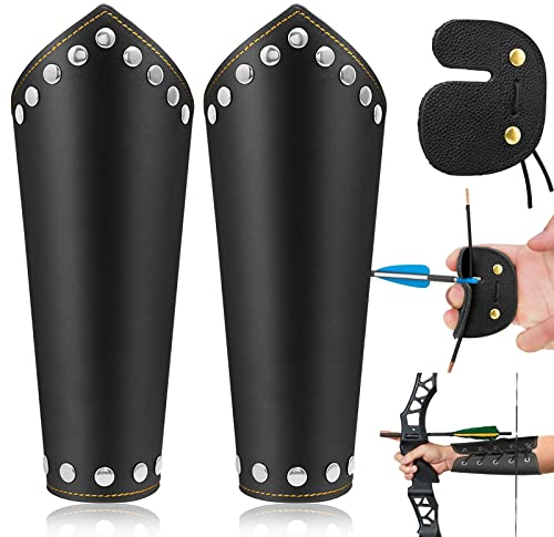 cersaty® 2 STK Armschutz Bogenschießen, Einstellbar Armschutz mit 1Stk Bogenschießen Fingerschutz für Schießen,Jagen,Schießübungen und Armschutz(Leder)