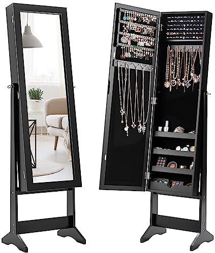 HOMASIS 2 in 1 Schmuckschrank mit Spiegel & Regal, verstellbarer schmuckregal mit Stauraum aus Holz, Spiegelschrank mit Kettenhaken & Ringverschluss, Garderobenspiegel mit Schmuckkasten (Schwarz)