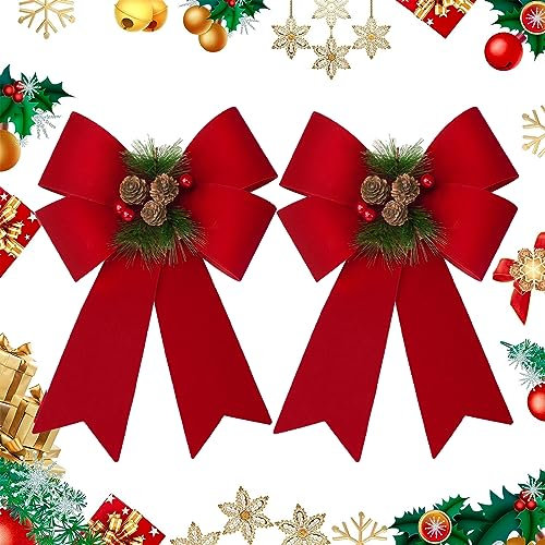 COLOFALLA 2pcs Lazos Navidad Grandes 30cm de Tela con Conos de Pino Lazos par Árbol Navidad Adornos Navideños Regalo Rojo