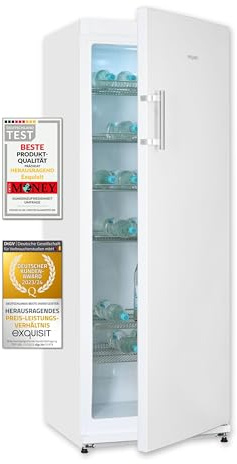Exquisit® Frigorífico para Bebidas 296L, Color Blanco, Clase E, Puerta Reversible, 6 Estantes de Rejilla, Tirador Externo de Acero, Iluminación LED, Medidas (163,0 x 60,0 x 62,0 cm)