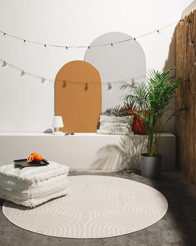benuta Pop In- & Outdoor Teppich Mars - Creme rund 160 cm - Geometrischer Relief Wohnzimmerteppich - Leicht zu Reinigen - Strapazierfähig - Fußbodenheizung Geeignet